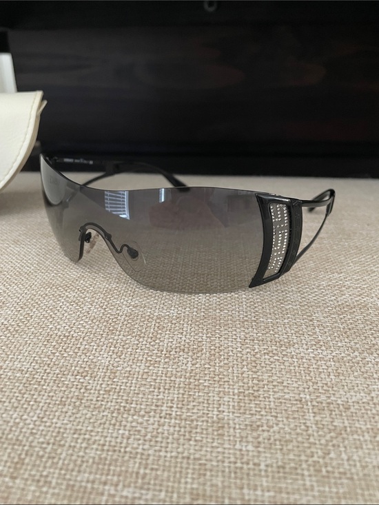 Versace Accessories - Versace Black Shield Sunglasses with Smoke Lenses and Silver Crystal Temples
